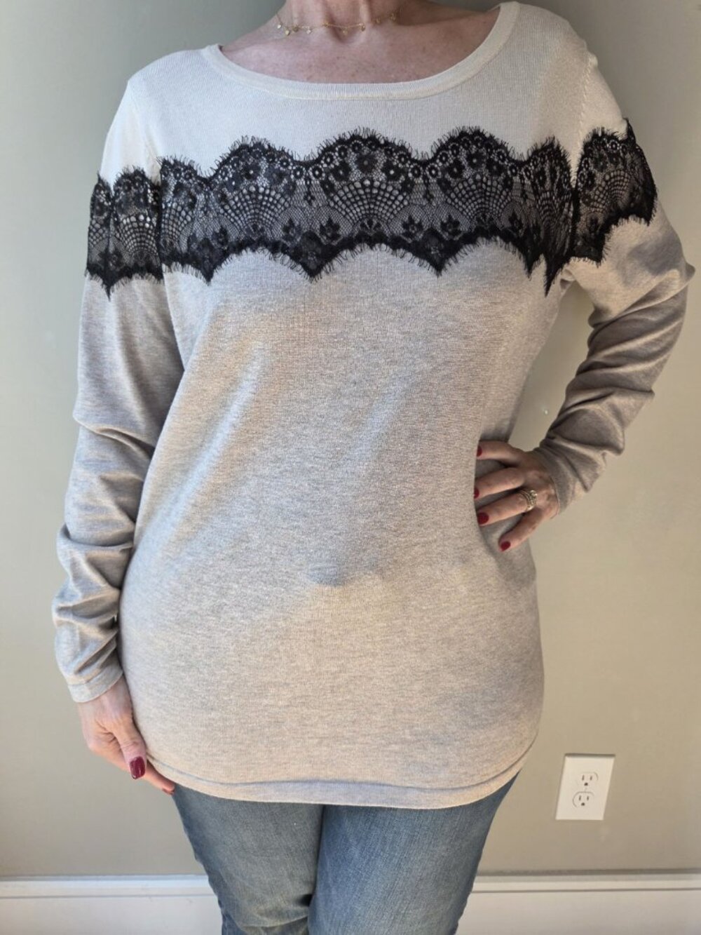 Lane Bryant Gray & Beige Color Block Sweater with Black Lace Detail 18/20